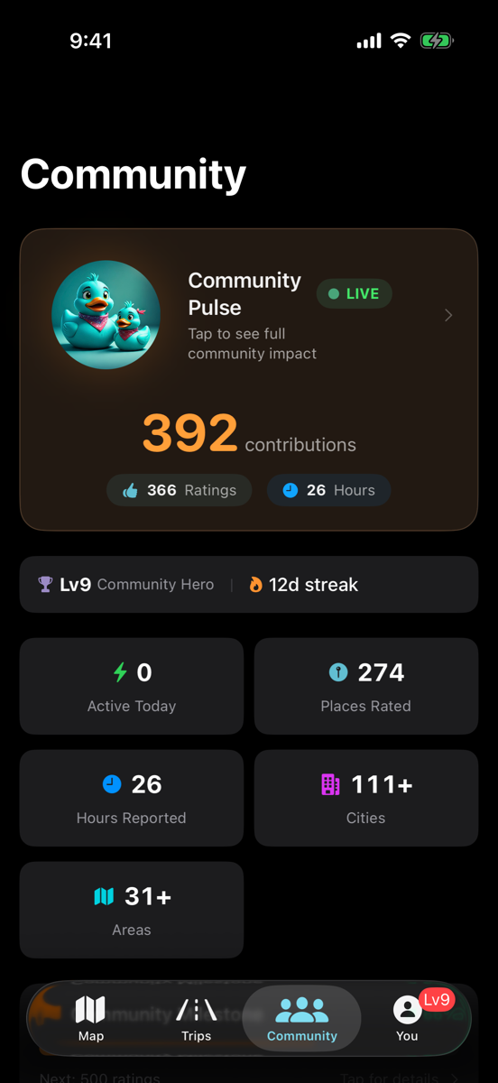 RestMap community ratings and activity feed with real traveler reviews